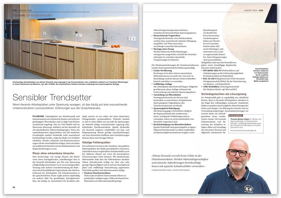 dds online Druck, Filigraner Trendsetter Fachbeitrag in dds 08/2026 zu Spannungsschäden an Keramik-Arbeitsplatten von Küchensachverständigem Thomas Bücker-Halek